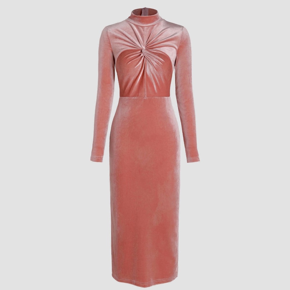 Cider Clothing Velvet Solid Twist Long Sleeve Midi Dress Pink Size Medium 6